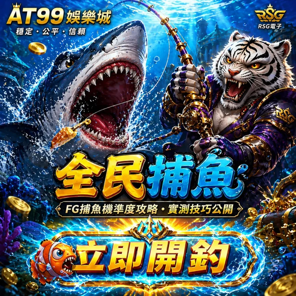 FG全民捕魚遊戲畫面，展示捕魚射擊場景與大型魚類對戰，呈現子彈運用與實戰技巧