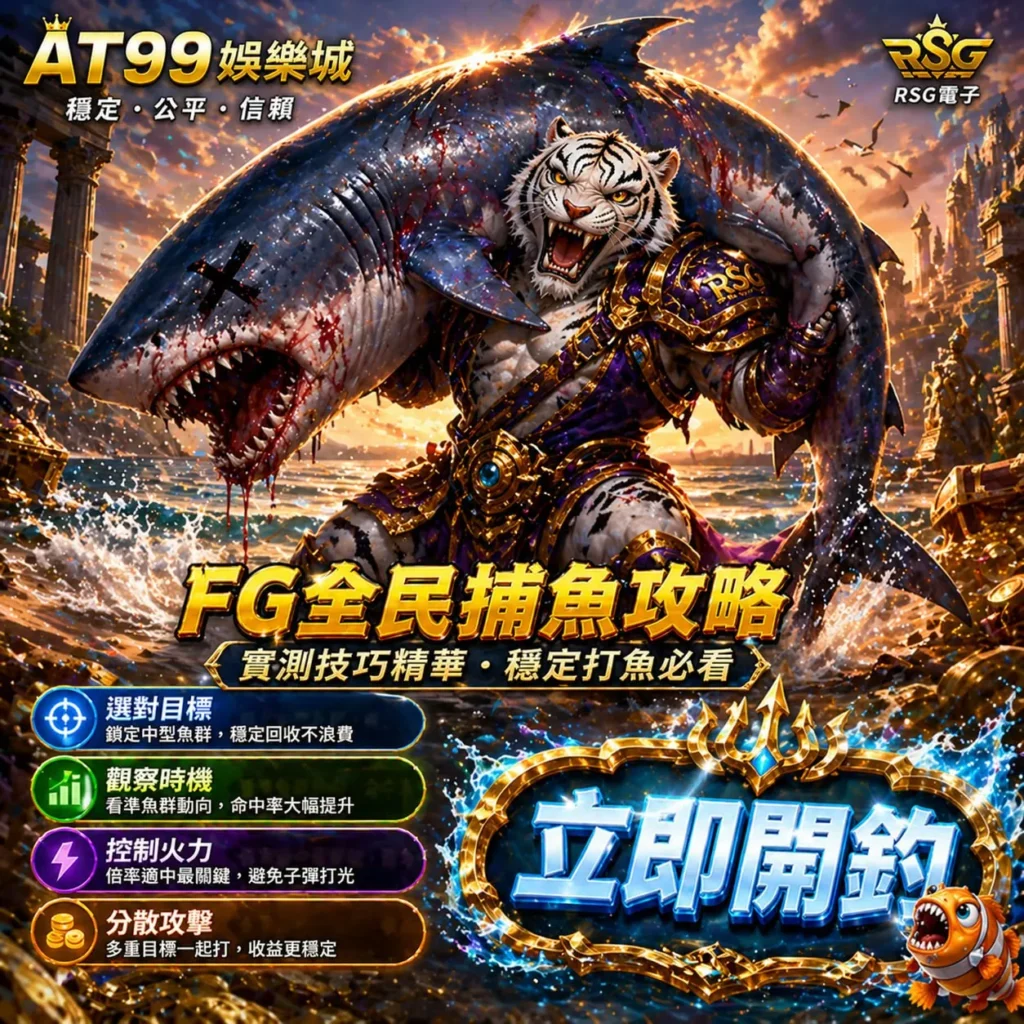 FG全民捕魚攻略圖片，展示大型鯊魚捕獲場景與射擊技巧重點，強調命中率與子彈控制策略