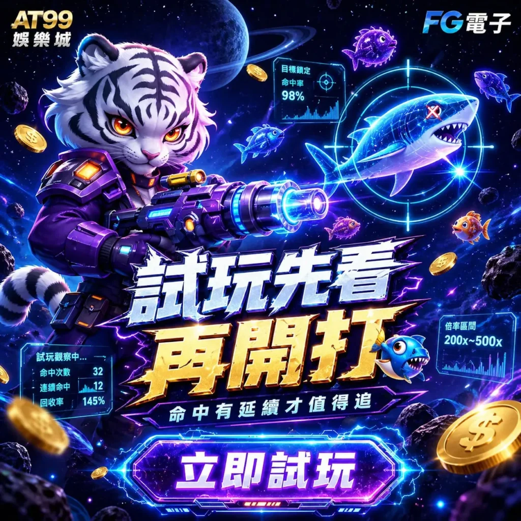 FG全民捕魚試玩畫面，展示射擊鎖定與命中率數據，說明試玩階段觀察與操作策略