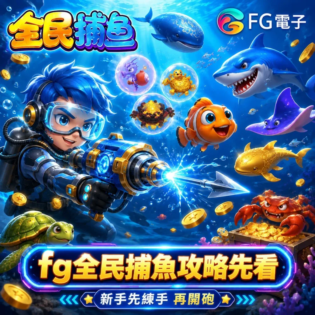 FG全民捕魚攻略教學圖片，展示全民捕魚技巧、新手炮台操作、魚種倍率判斷與金幣管理攻略。