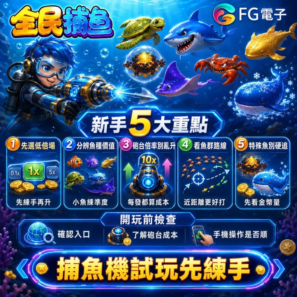 FG全民捕魚攻略新手重點教學圖，整理全民捕魚技巧5大重點，包括炮台倍率、魚種價值、魚群路線與特殊魚判斷。