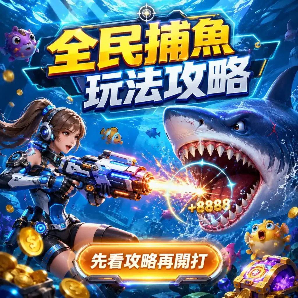 FG全民捕魚玩法攻略主視覺，呈現持槍角色、鯊魚與捕魚射擊場景