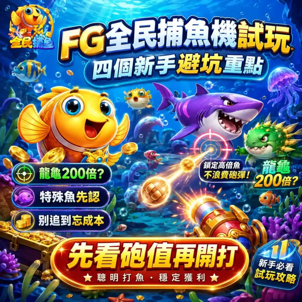 FG全民捕魚機試玩主視覺，呈現龍龜、特殊魚、砲值與新手避坑重點
