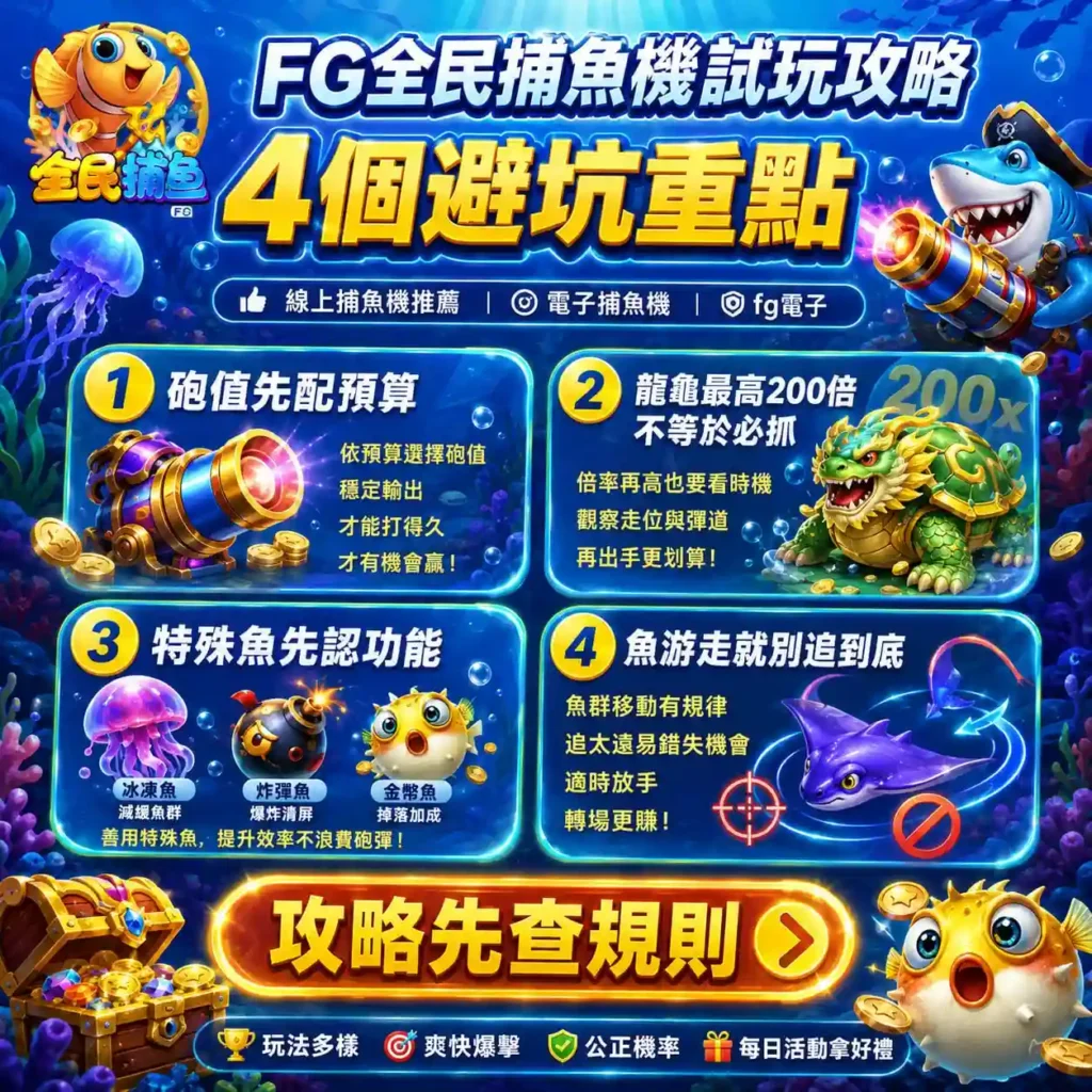 FG全民捕魚機試玩攻略圖，整理砲值預算、龍龜倍率、特殊魚功能與追魚避坑重點