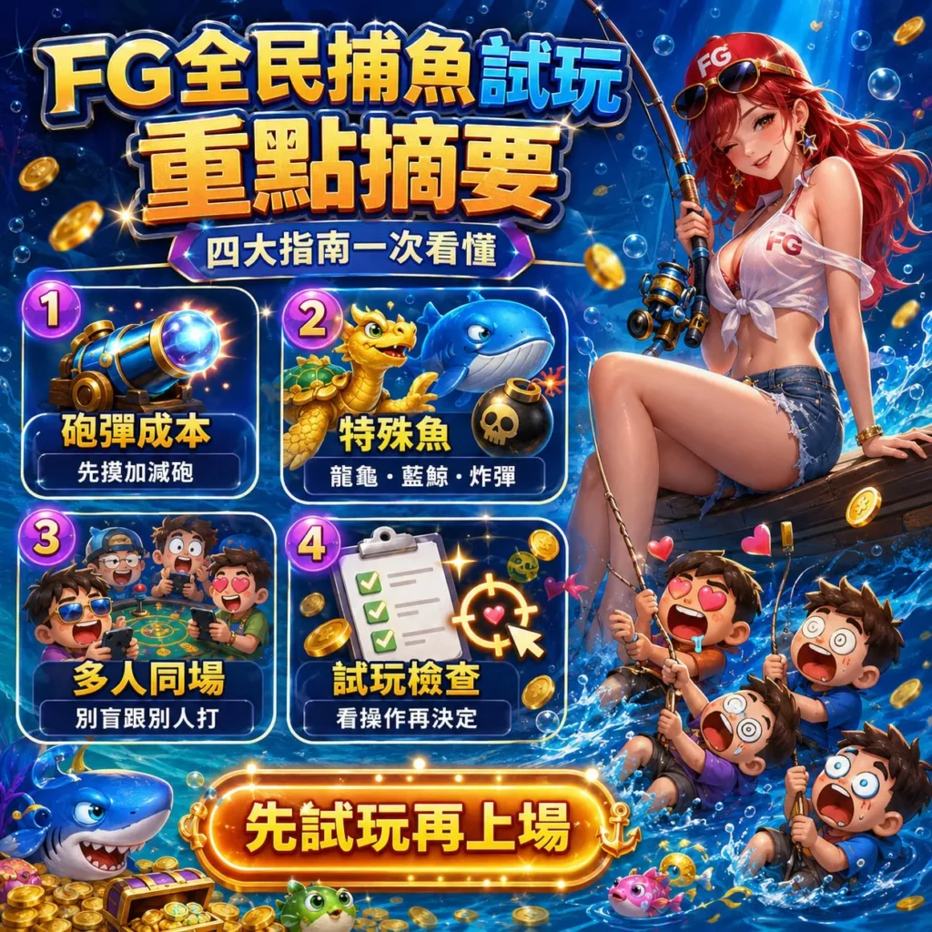 FG全民捕魚試玩重點摘要圖，整理砲彈成本、特殊魚、多玩家同場與試玩檢查四大玩法重點