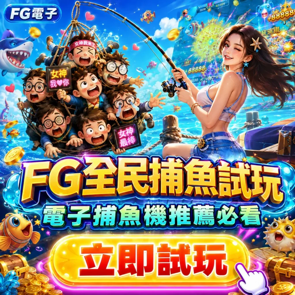 FG全民捕魚試玩封面圖，呈現電子捕魚遊戲、砲台射擊、魚群與彩金元素，主打FG電子捕魚機試玩